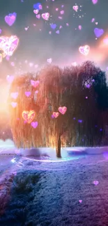 Dreamy tree with glowing hearts in a mystical landscape.