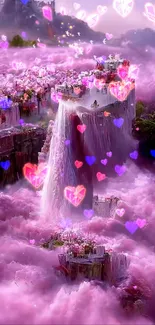 Whimsical heart-filled waterfall in pink clouds.