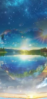 Serene heart-shaped reflection in a starlit lake landscape wallpaper.