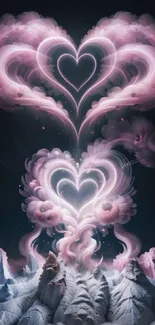 Pink heart-shaped clouds in a dreamy, mystical landscape with soft lighting.