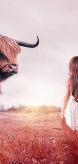 A whimsical scene with a girl and a Highland cow in a pale pink landscape.