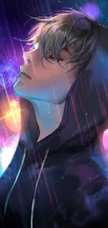 Hooded anime figure in vibrant rain scene with colorful lights.