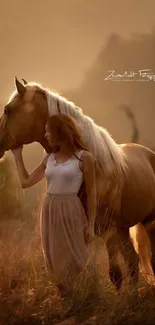 Woman gently stands beside a horse at sunset, enveloped in golden glow.