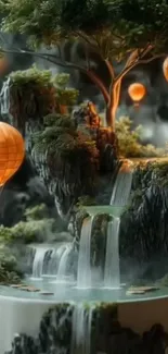 Enchanting scene with hot air balloons over waterfalls.