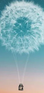 Dandelion-shaped hot air balloon in a starry, teal sky.