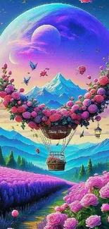 Dreamy hot air balloon with flowers, purple planet.