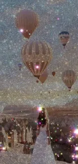 Woman in white dress gazing at hot air balloons against a sparkling sky.