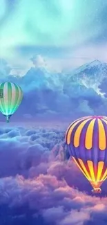 Colorful hot air balloons floating above clouds in a dreamy, vibrant sky.