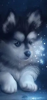 Dreamy husky puppy with stars in blue night setting.