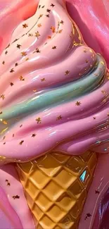 Pastel ice cream cone with golden stars on pink background