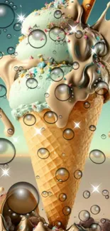 Colorful ice cream cone with bubbles and chocolate swirls.