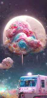 Dreamy cosmic scene with an ice cream truck under a colorful moon and clouds.