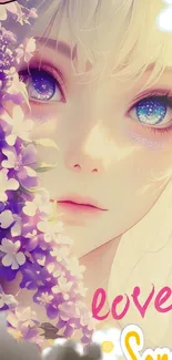 Anime girl with vibrant eyes and purple floral design.