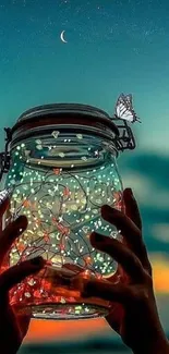 Glowing jar held under a twilight sky with butterflies.