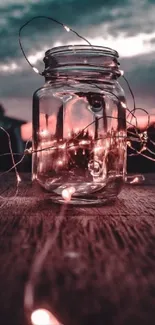 Mason jar with fairy lights at dusk on a wooden surface.