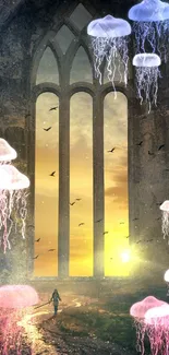 Fantasy scene with jellyfish and sunset through gothic arches.