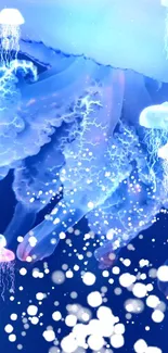 Dreamy underwater jellyfish scene with glowing blue hues.