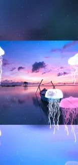 Dreamy jellyfish and boat with pink sunset on calm ocean wallpaper.