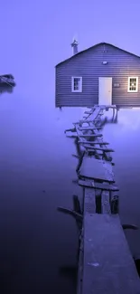 Serene lakeside cabin with misty indigo atmosphere.