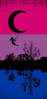 Silhouette swing on crescent moon with vibrant gradient background.