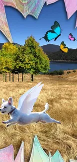 White winged dog in a vibrant, mystical landscape with butterflies.