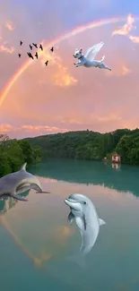 Whimsical lake scene with dolphins, unicorn, and rainbow in sunset.