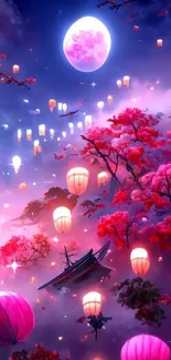 Dreamy night with pink lanterns and cherry blossoms under a mystical sky.