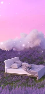 Surreal lavender field with a bed under a vibrant purple sky.