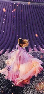 Woman in flowing dress in lavender field, dreamy landscape.