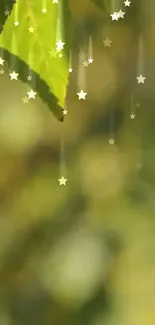 Green leaves with dreamy falling stars background.