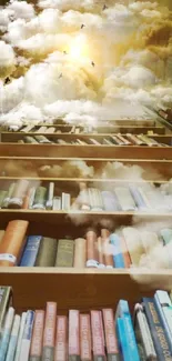 Surreal library with floating clouds and books in warm light.