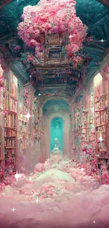 Dreamy library with pink blossoms and mystical art atmosphere.