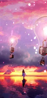 Dreamy wallpaper with floating light bulbs and a vibrant sunset sky.