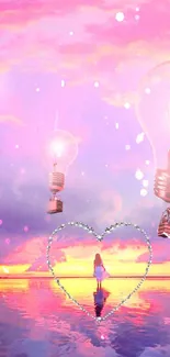 Dreamy sunset with floating bulbs and heart in pink hues.