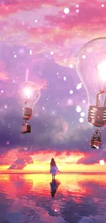 Floating light bulbs in a dreamlike sunset scene.