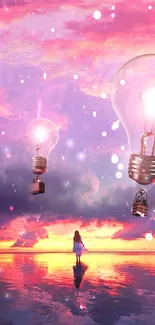 Surreal scene with floating lightbulbs over a vibrant, purple-pink sunset reflection.