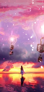 Dreamy mobile wallpaper with sunset and floating lightbulbs.