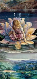 Fantasy art wallpaper with girl on lotus.