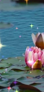 Mobile wallpaper of lotus flowers with sparkles on a blue lake.