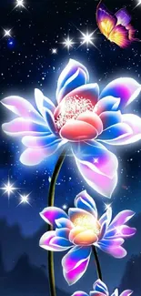 Glowing lotus flowers with butterfly under a starry night sky wallpaper.