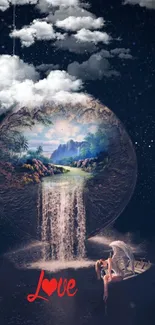 A surreal fantasy wallpaper with a love theme and waterfall.