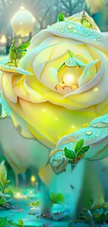 Fantasy luminous rose glowing in a mystical garden with dewdrops.