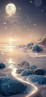 Dreamy moonlit beach with serene rocks and ocean reflection.