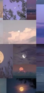 Dreamy lunar collage wallpaper with moon phases and pastel skies.