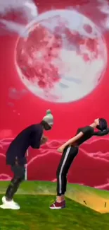 Animated dance under a red moon.