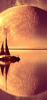 Sailboat and tree under a large moon with warm amber hues.