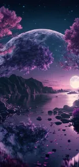 Dreamy purple landscape with moonlit reflection.