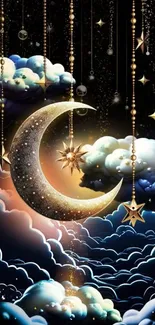 Dreamy night sky with crescent moon and stars.