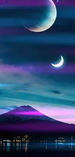 Serene mobile wallpaper with two moons over a mountain under a starry night sky.