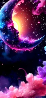 Dreamy cosmic scene with crescent moon and colorful clouds.